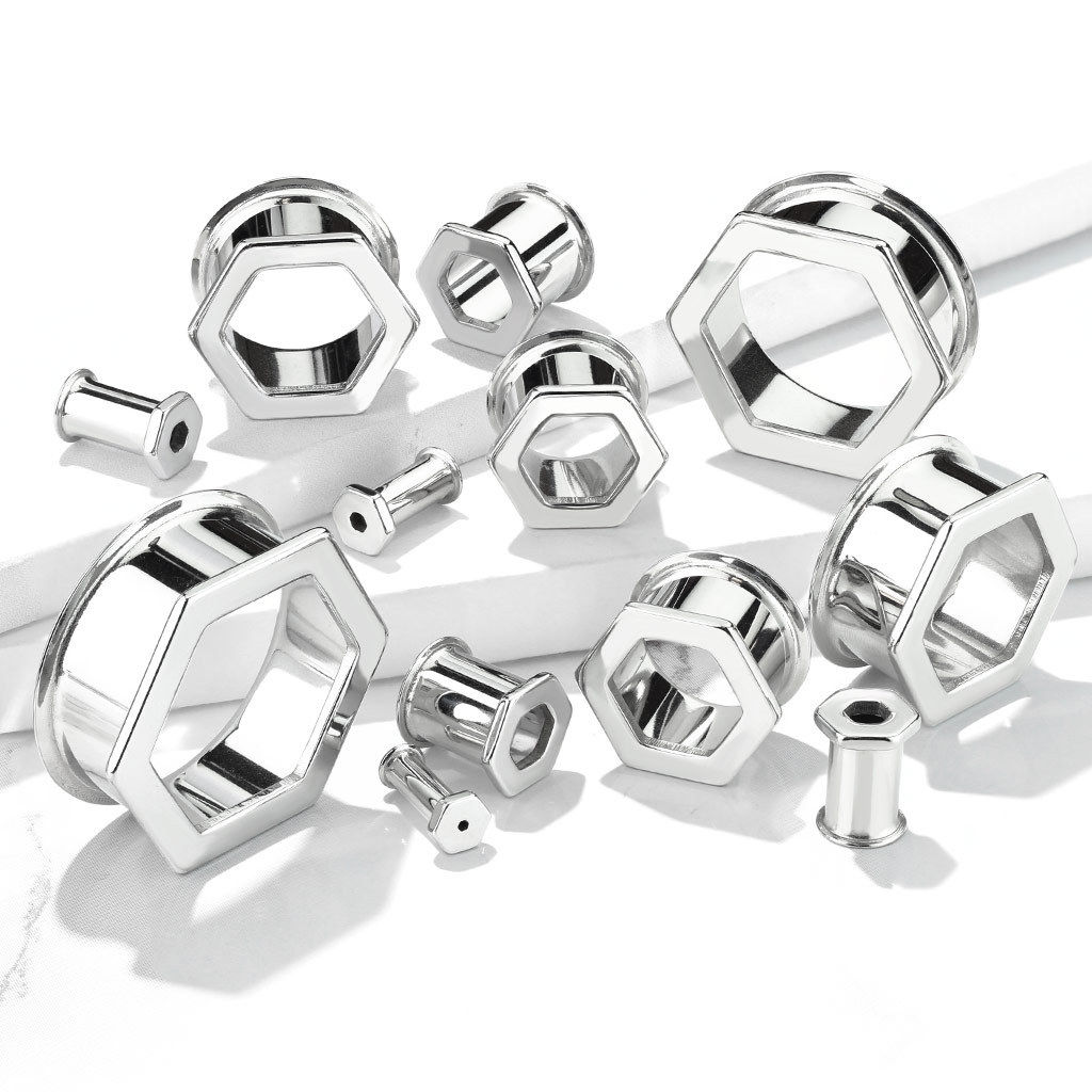 PAIR Hexagon Front Double Flare Tunnels Plugs Gauges 316L Surgical Steel