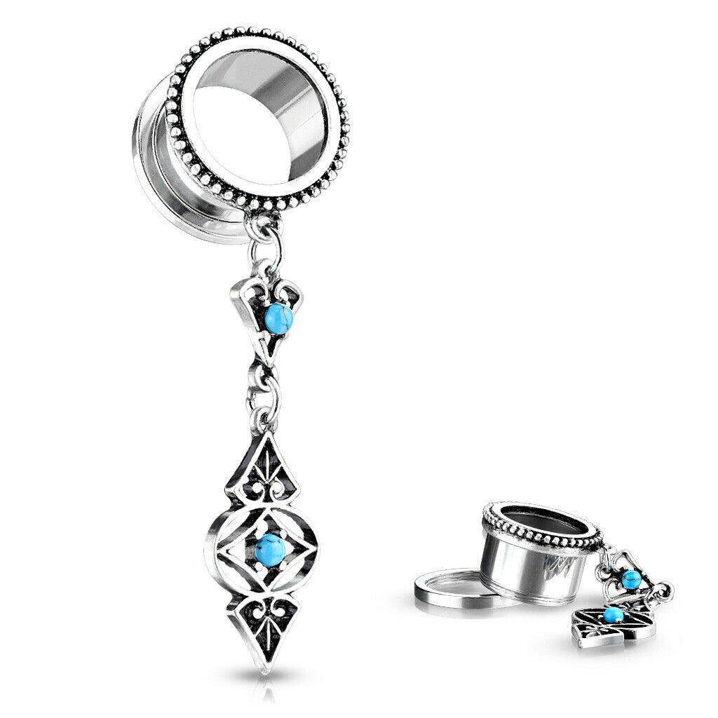 PAIR Turquoise Tribal Charms Dangle Tunnels Screw Fit Plugs Earlets Gauges