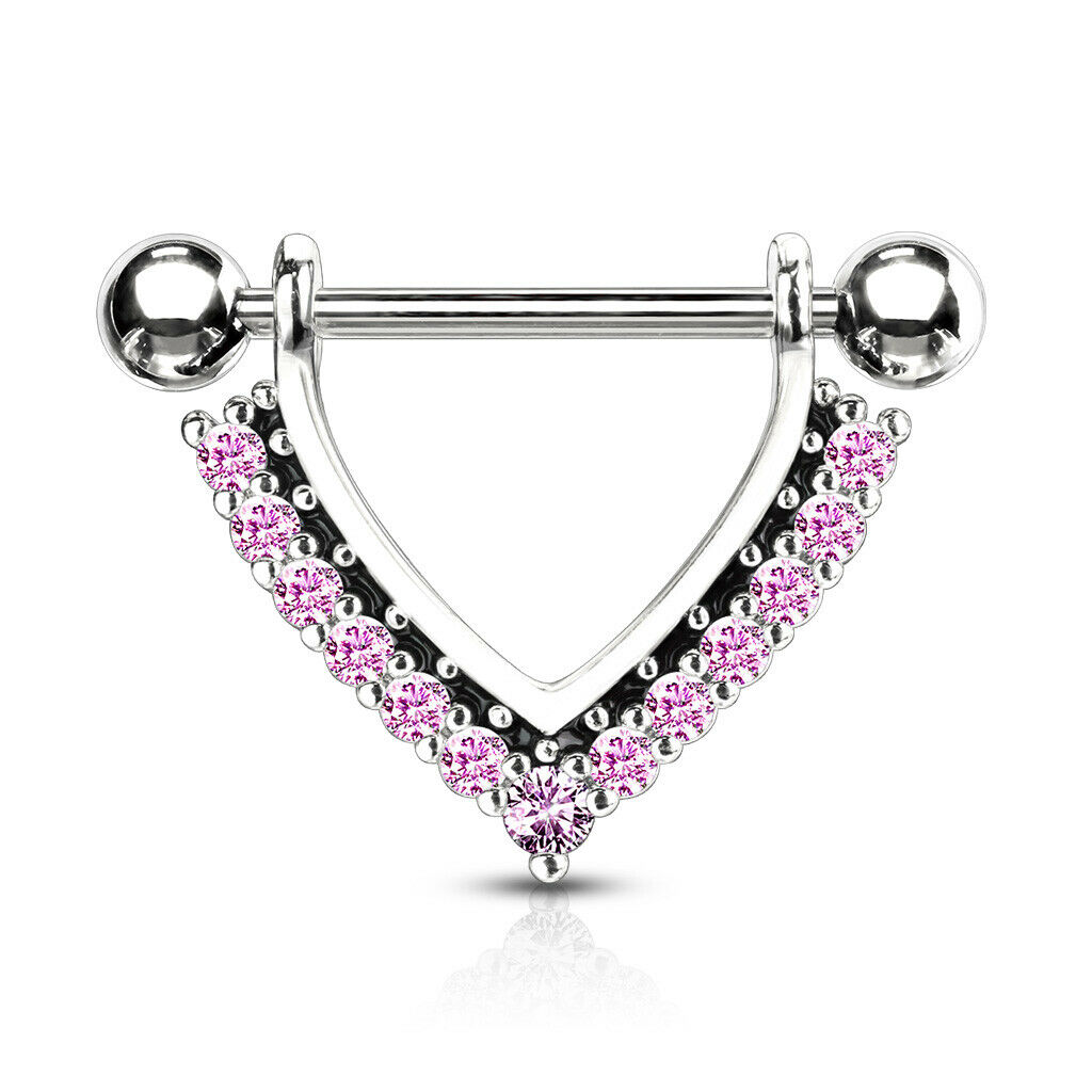 PAIR CZ Gem Paved Black Enamel Dangle Nipple Shields Rings Steel Barbells