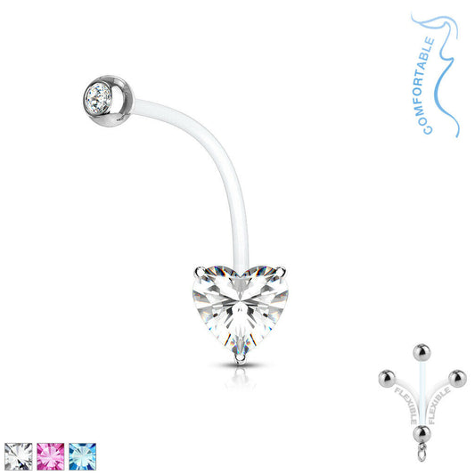 1pc Pregnancy Belly Ring Heart CZ Gem Solitaire 1" Bio Flex Maternity Navel 14g