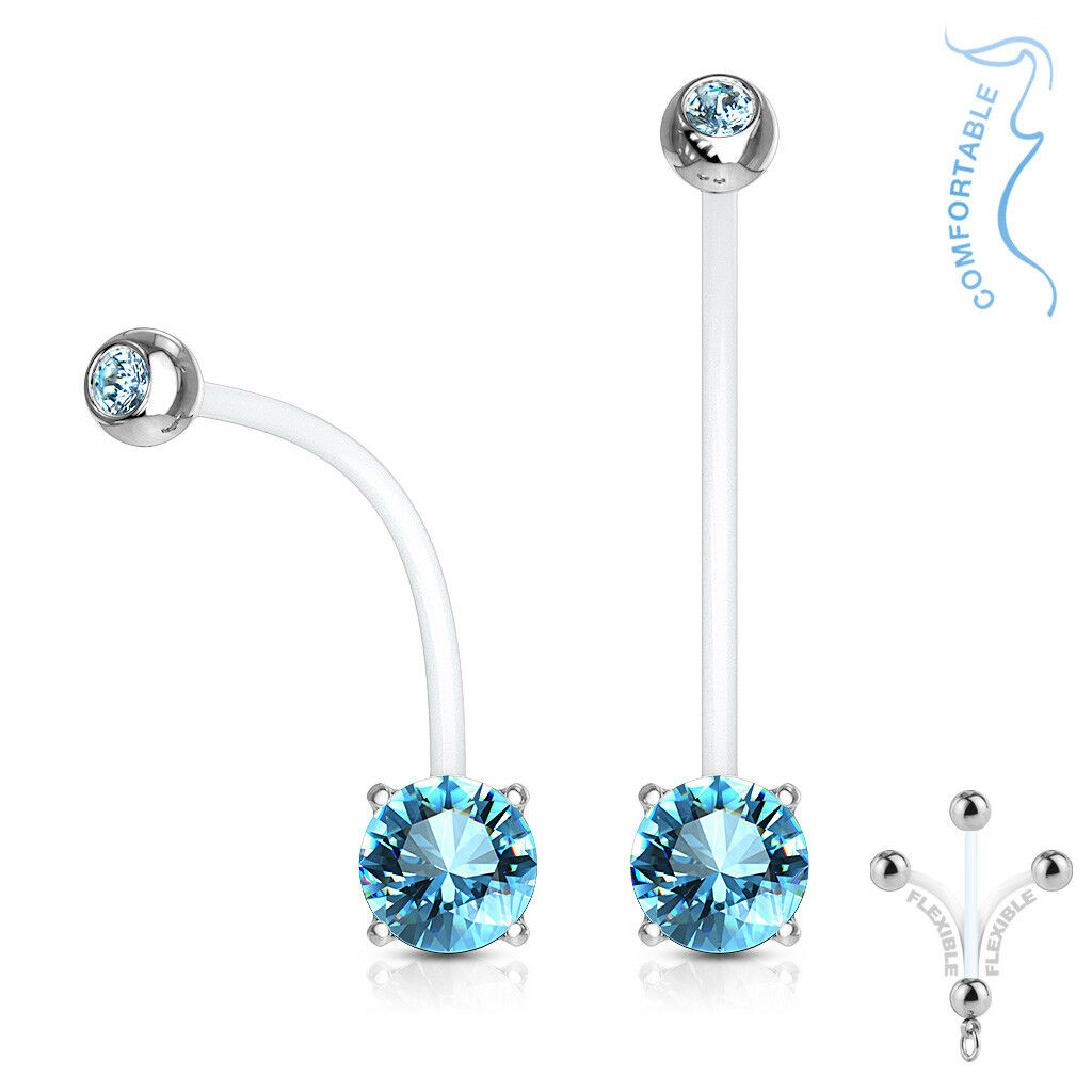 1pc Pregnancy Belly Ring CZ Gem Solitaire 1" Bio Flex Maternity Navel 14g