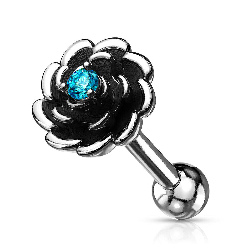 1pc Antique Silver Flower Helix Tragus Cartilage Bar Stud Earring CZ Gem Center