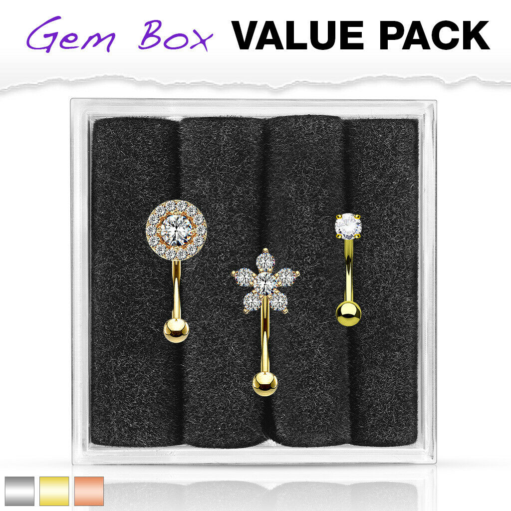 3pc Box Value Pack Steel Eyebrow Rings Curved Barbells Solitaire, Flower, Round