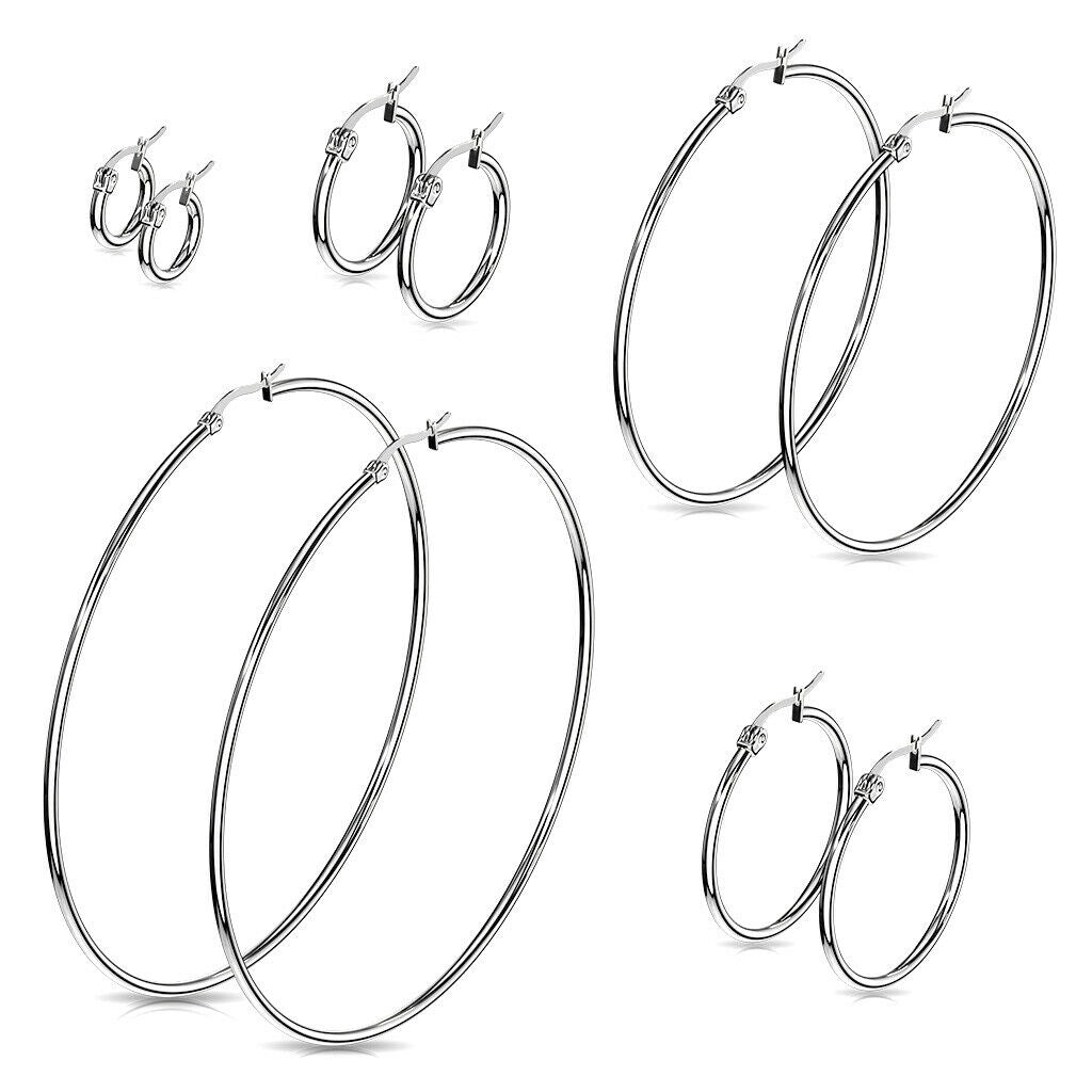 PAIR of Round Hoop Earrings Silver Color 22g 316L Stainless Steel