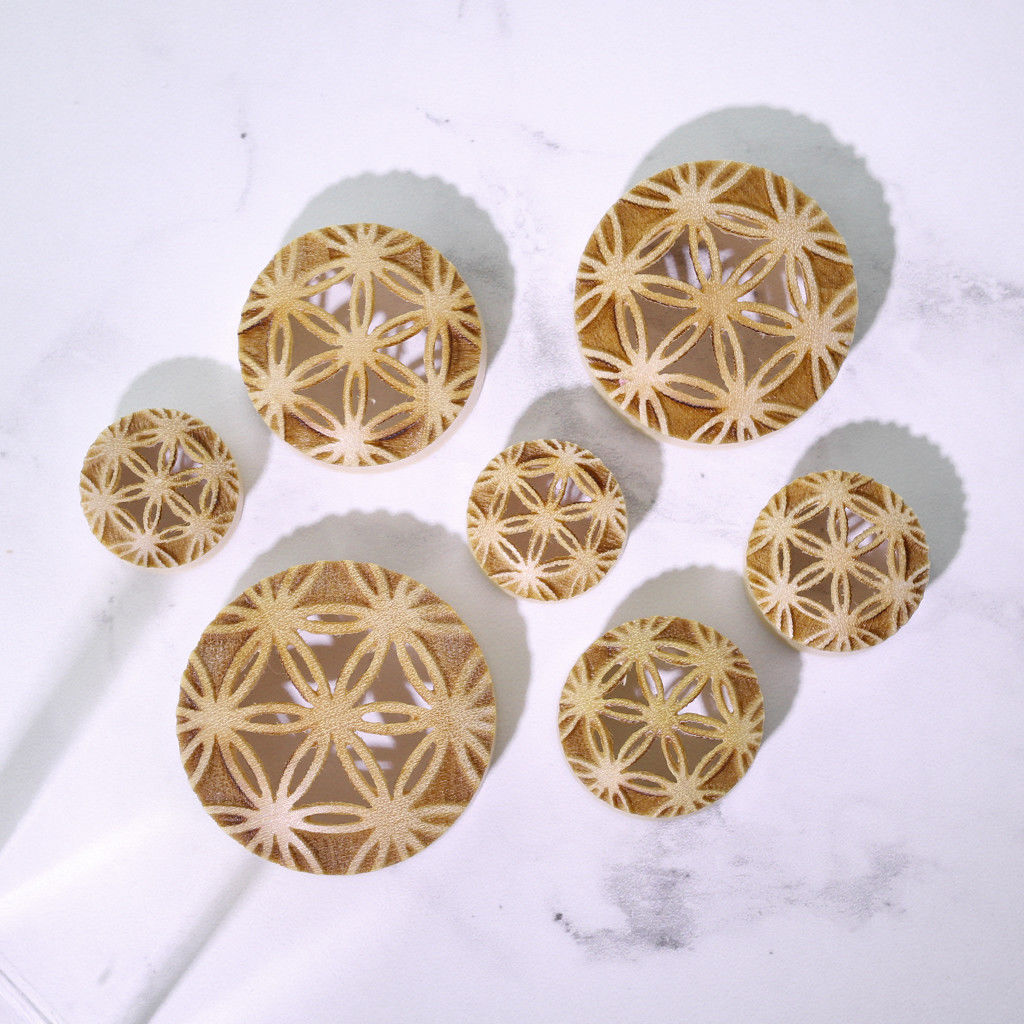 PAIR Flower of Life Center Blonde Crocodile Wood Saddle Plugs