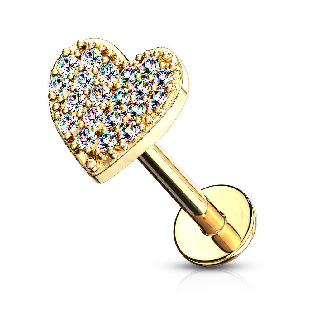 1pc CZ Paved Heart 16g Labret Internally Threaded Steel Monroe Tragus Helix
