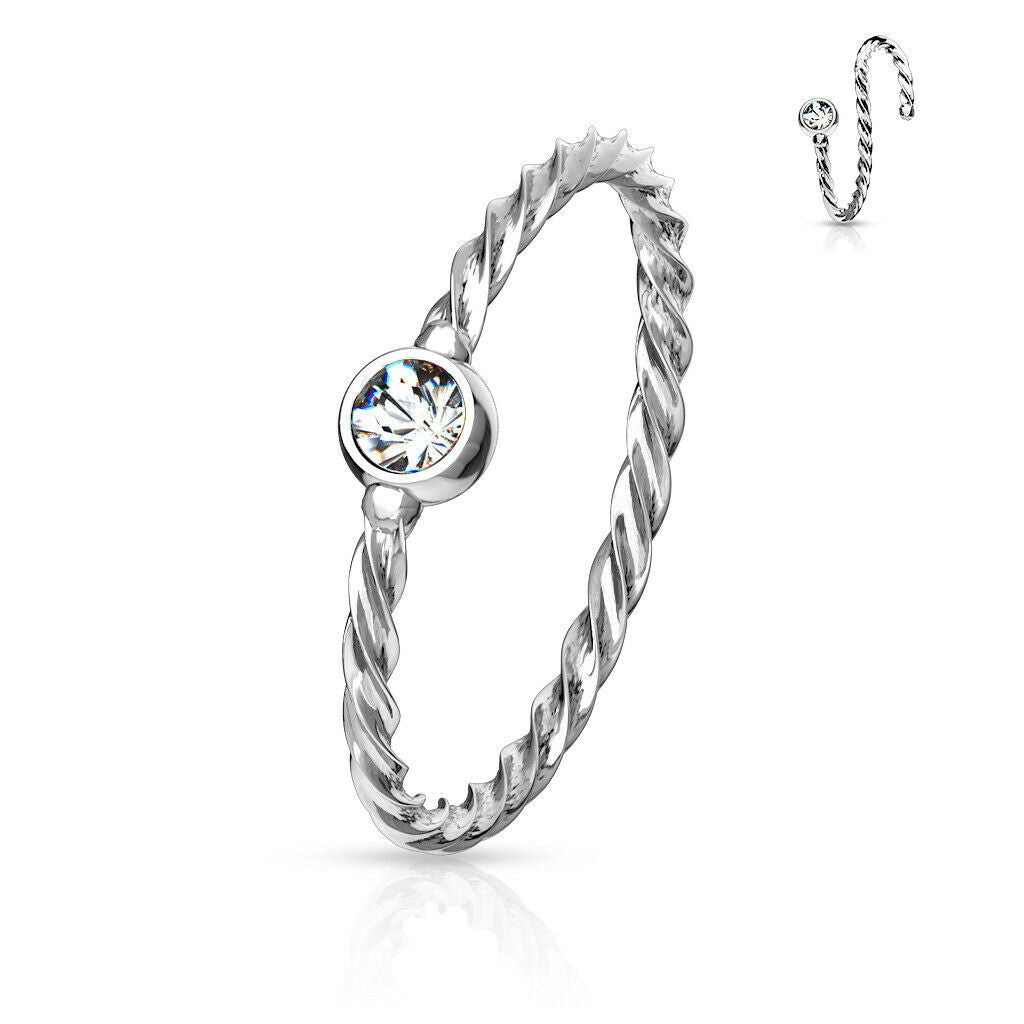 1pc Bendable Steel Twisted Rope Gem Nose Hoop Cartilage Ring Rook Daith Helix