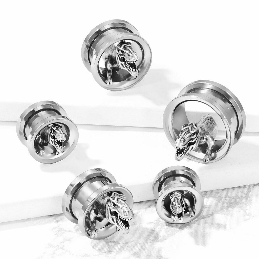 PAIR T-Rex Steel Screw Fit Tunnels Plugs Gauges Tyrannosaurus Rex Dinosaur