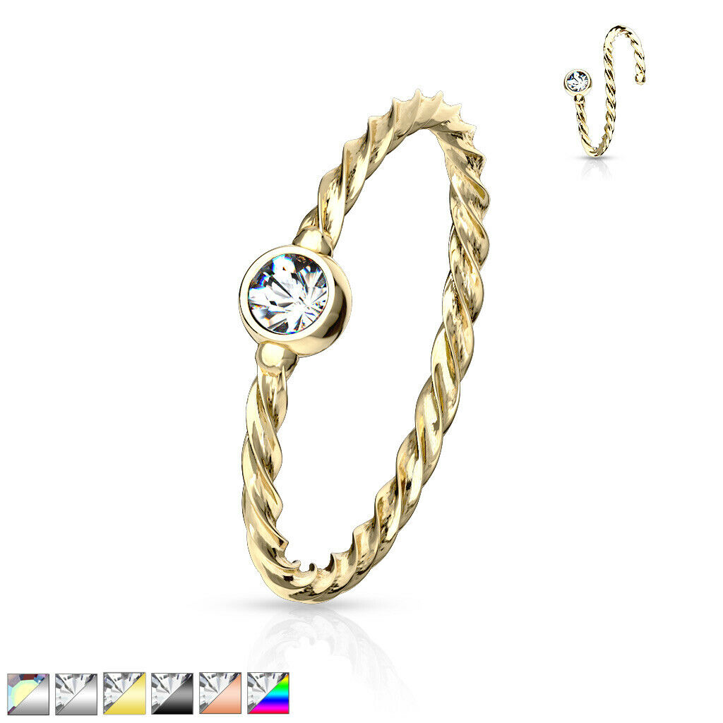 1pc Bendable Steel Twisted Rope Gem Nose Hoop Cartilage Ring Rook Daith Helix