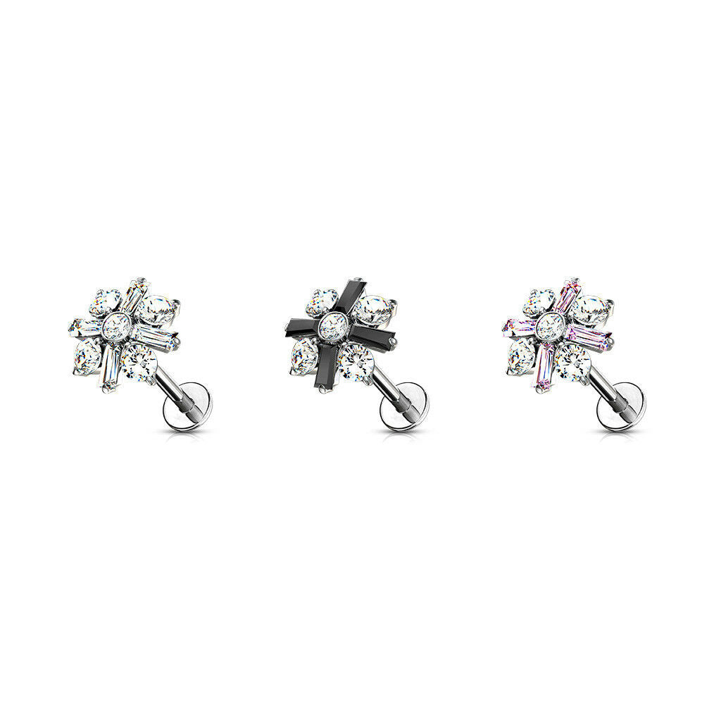 1pc Baguette & Round Crystals Labret 16g Internally Threaded Steel Helix Tragus