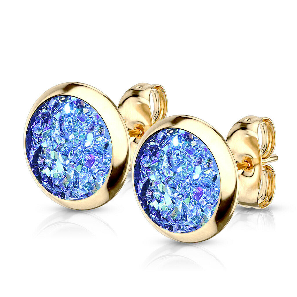 PAIR of Druzy Stone Set Stud Earrings 20g 316L Stainless Steel