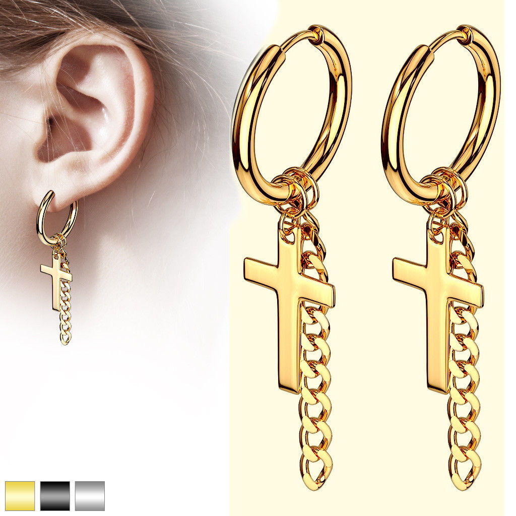 PAIR 316L Steel Hinge Action 20g Seamless Hoop Earrings w/ Cross & Chain Dangle