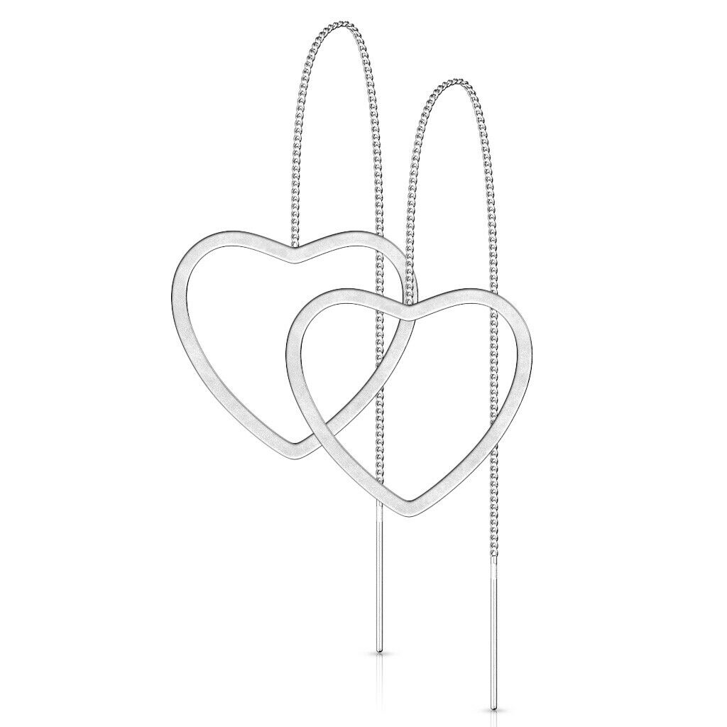 PAIR of Free Falling Chain Earrings w/ Bar & Open Heart 20g Stainless Steel