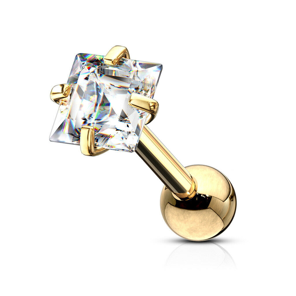 1pc Square CZ Gem Ion Plated Tragus Stud Helix Cartilage Ring Earring 16g 1/4"