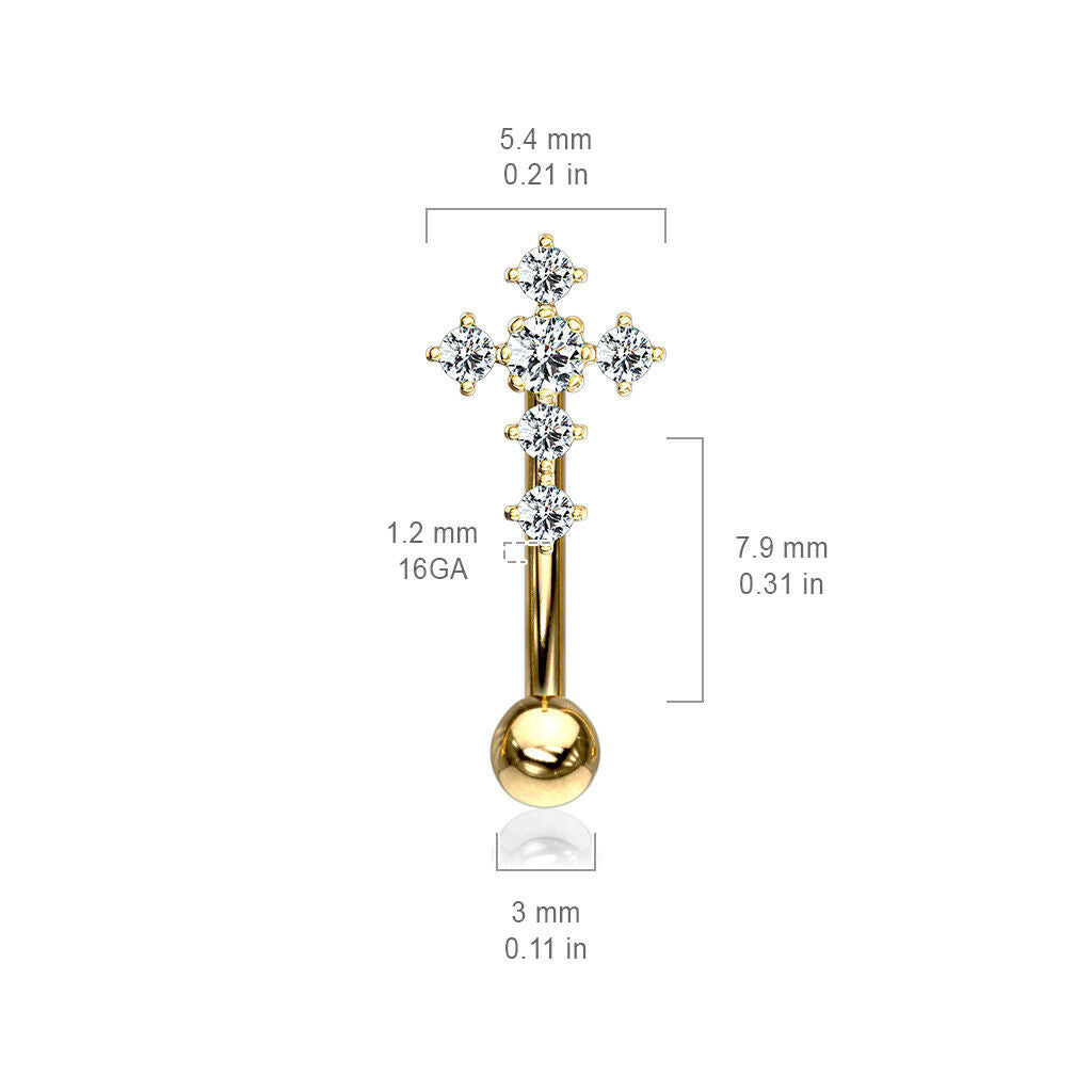 1pc CZ Gem Paved Cross Eyebrow Ring 16g Curved Barbell 16 Gauge