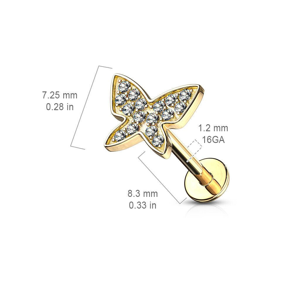1pc Gem Paved Butterfly Labret 16g Internally Threaded Helix Tragus Cartilage