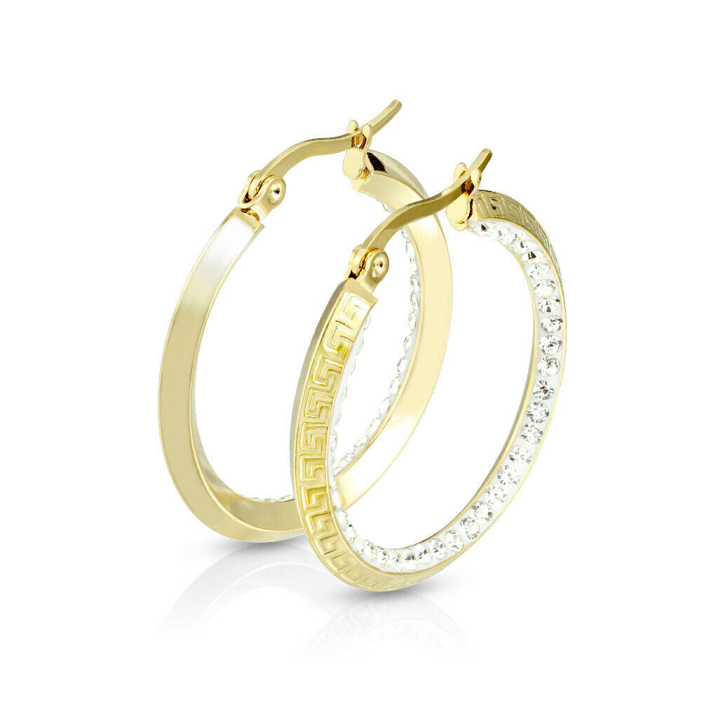 PAIR of Maze Hoop w/ Crystal Gem Paved Inner Edge Earrings 20g Stainless Steel
