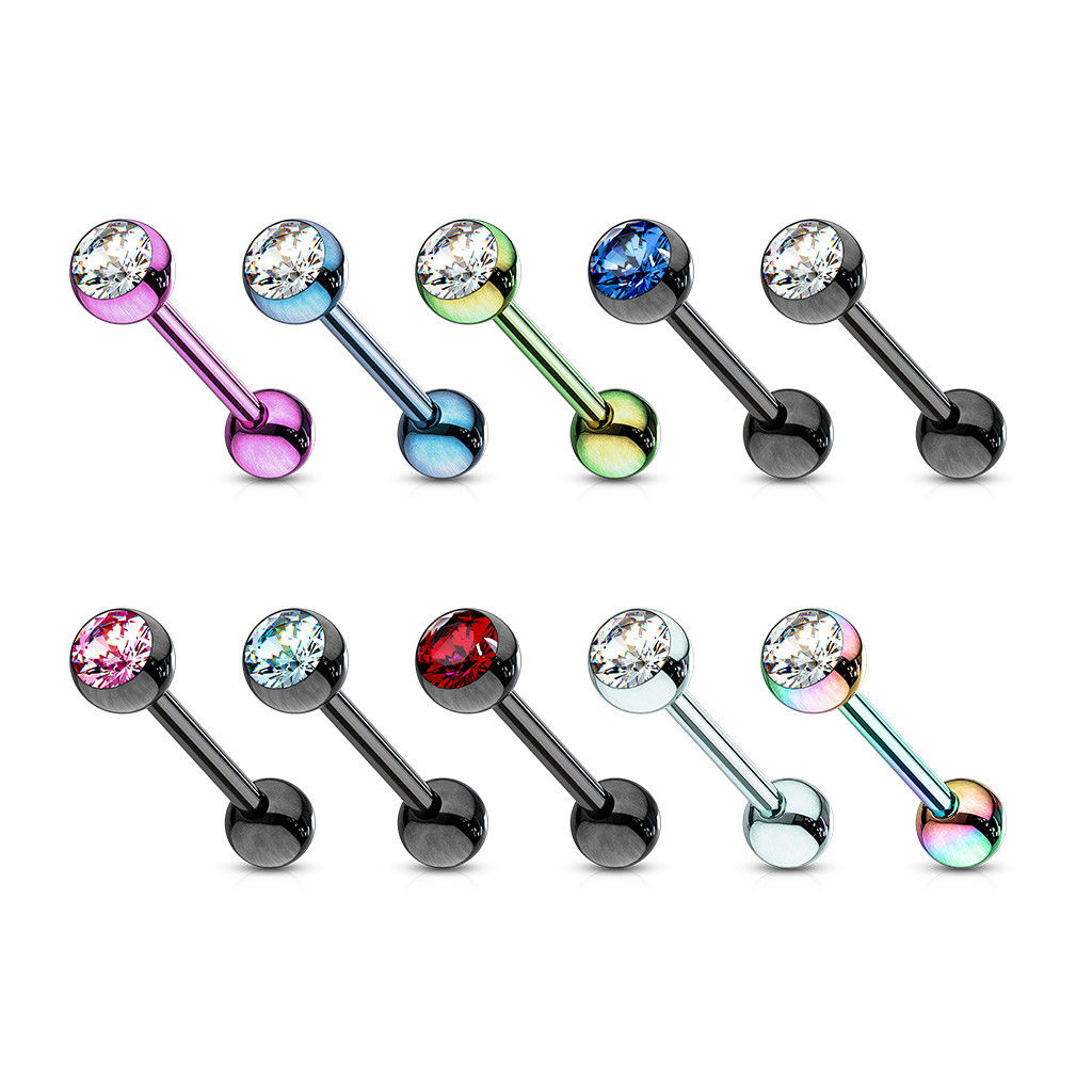 1pc PVD over Steel Tongue Ring w/ Bezel Set Gem