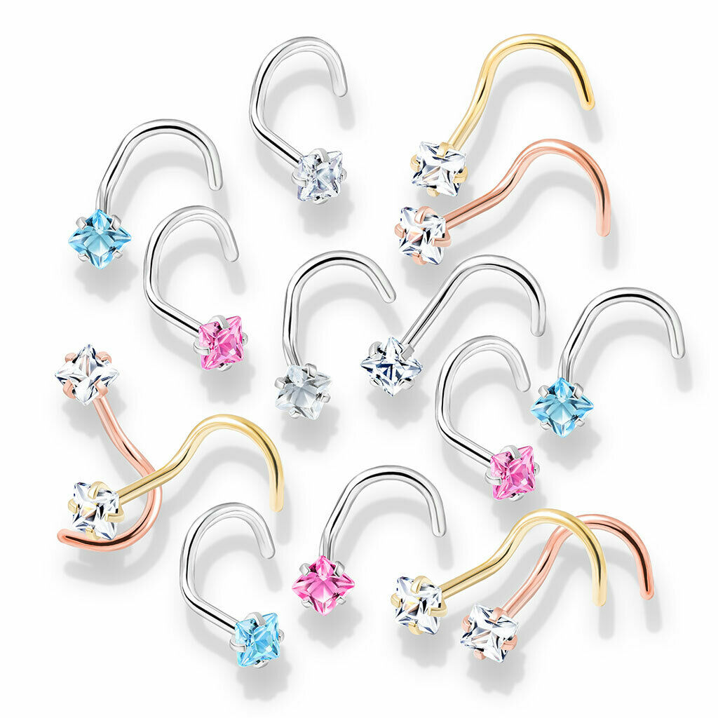 5pcs Prong Set Square Gem Nose Ring Screws 316L Surgical Steel Body Jewelry