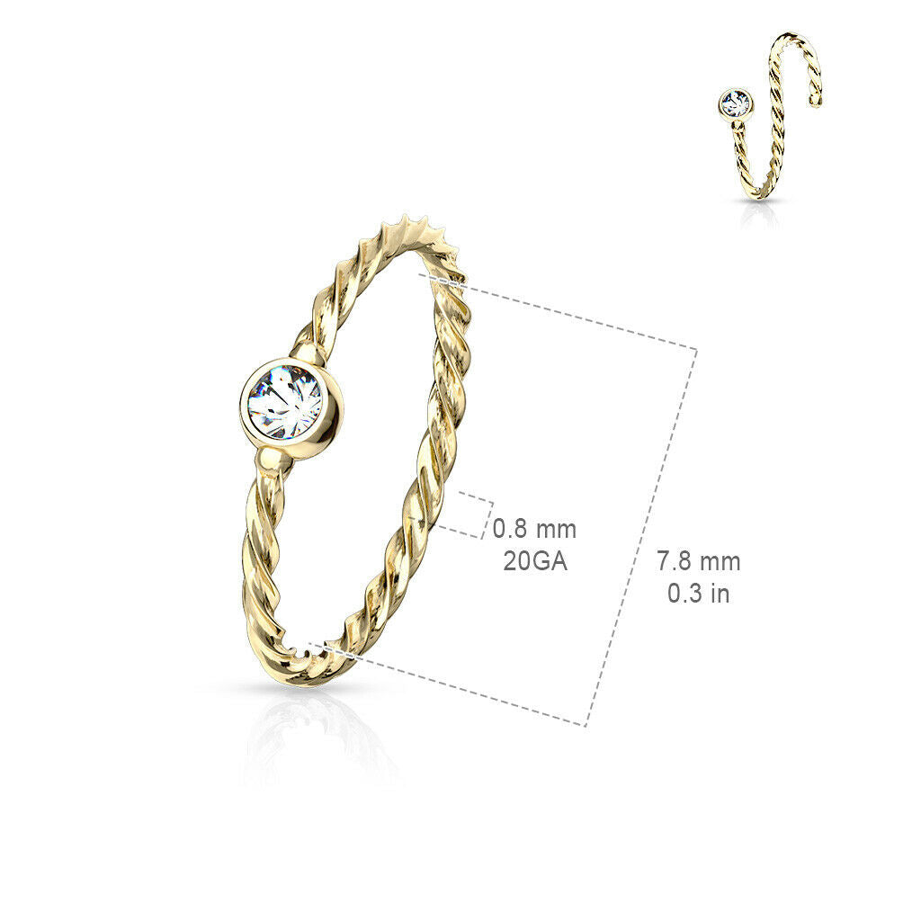 1pc Bendable Steel Twisted Rope Gem Nose Hoop Cartilage Ring Rook Daith Helix