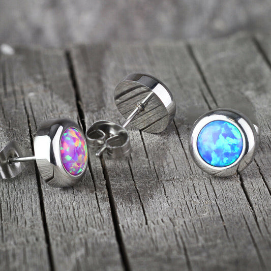 PAIR Large 6mm Opal in 9mm Bezel Setting 316L Stainless Steel Earrings