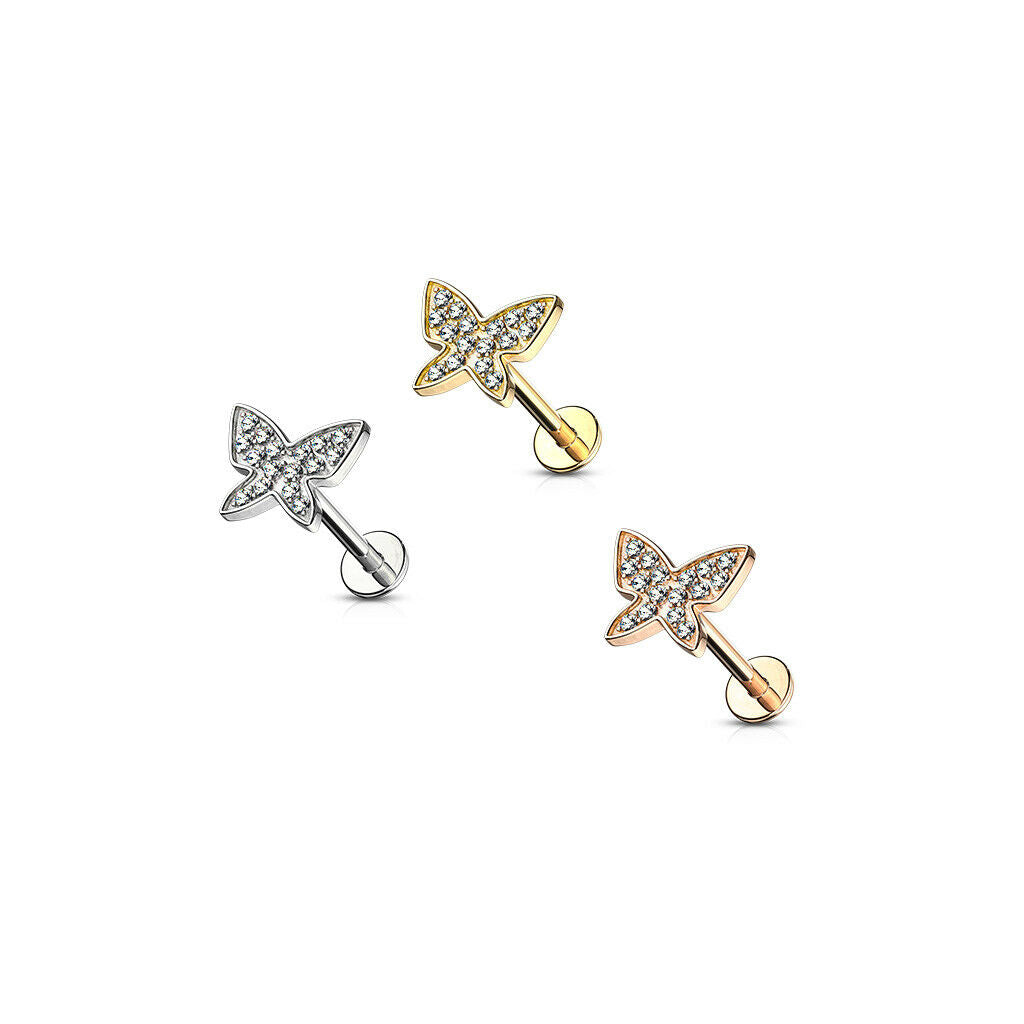 1pc Gem Paved Butterfly Labret 16g Internally Threaded Helix Tragus Cartilage