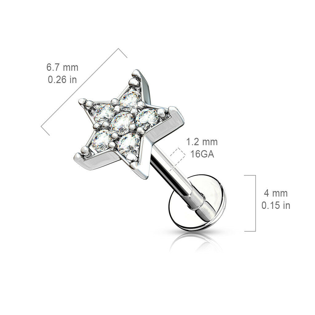 1pc CZ Paved Star 16g Labret Monroe Internally Threaded Steel Helix Tragus