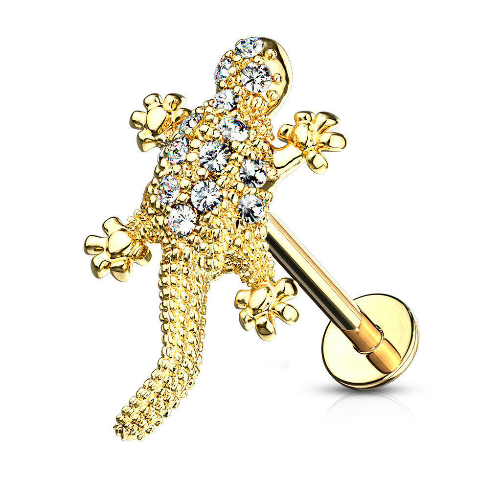 1pc CZ Paved Lizard 16g Labret Internally Threaded Steel Monroe Tragus Helix