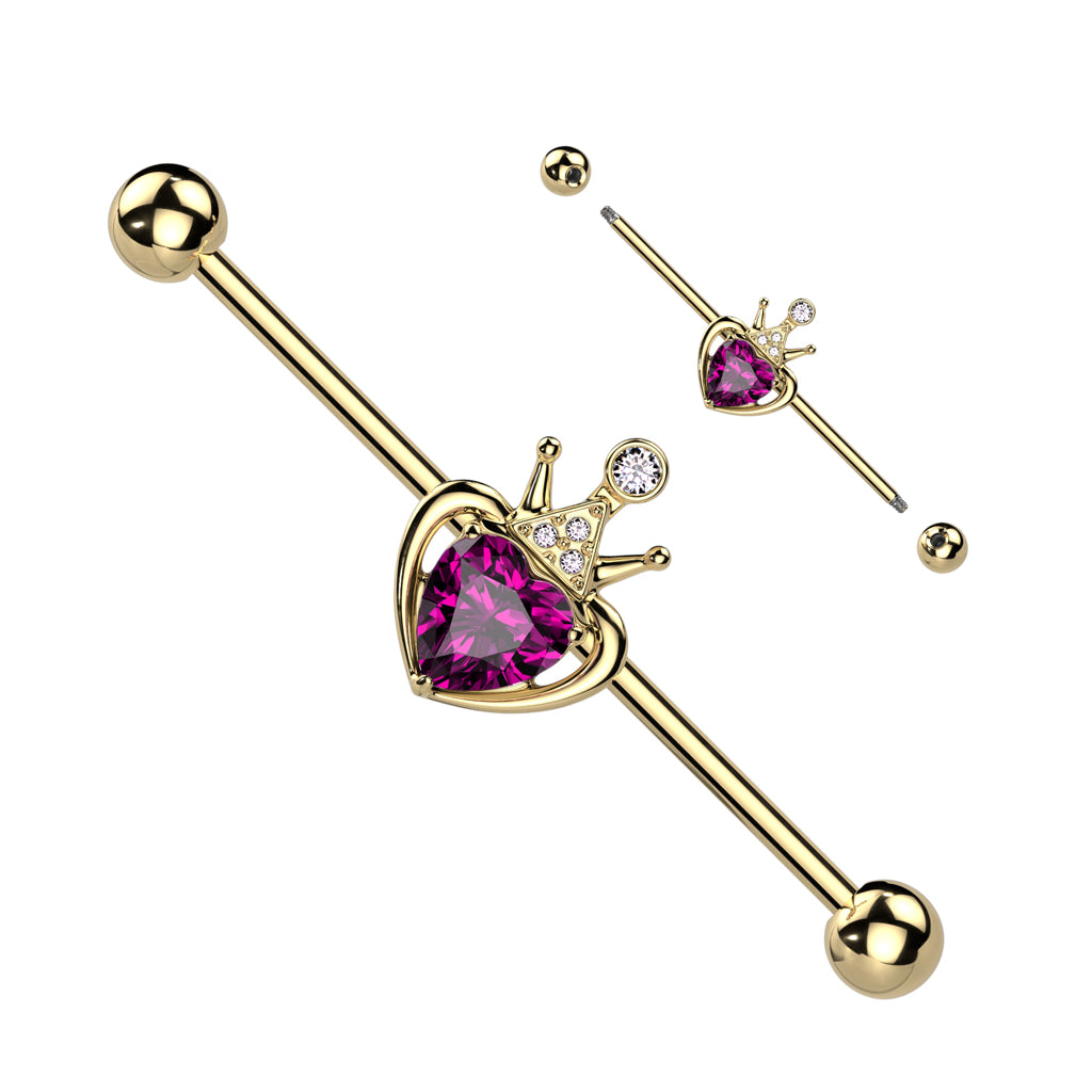 1pc Gold Crown Fuchsia Heart Industrial Barbell 14g, 1.5" 38mm Ear Body Jewelry