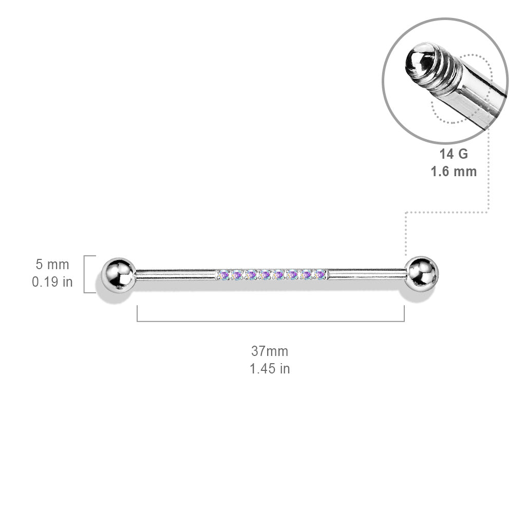 1pc CNC Set Lined CZ Gems Industrial Barbell 38mm 1.5" 1&1/2"