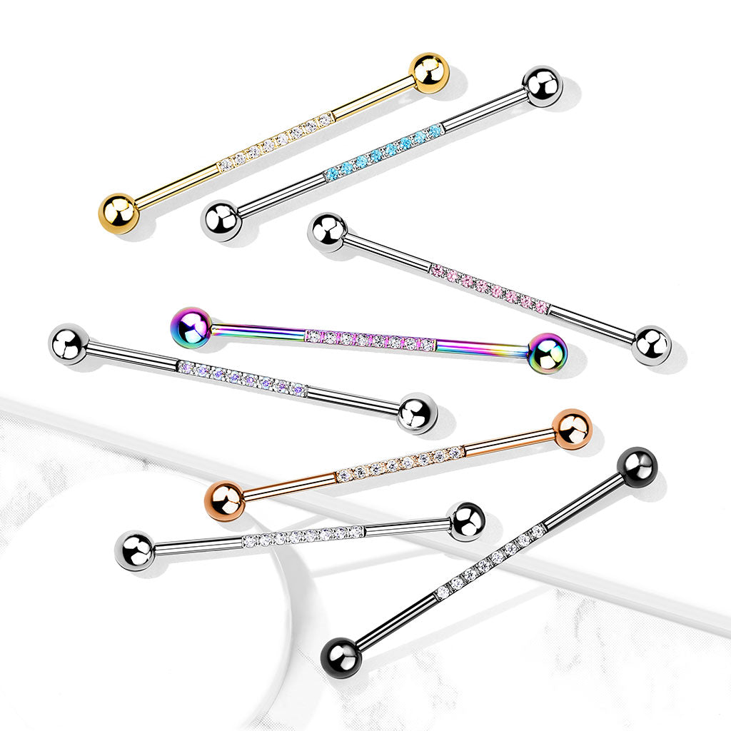 1pc CNC Set Lined CZ Gems Industrial Barbell 38mm 1.5" 1&1/2"