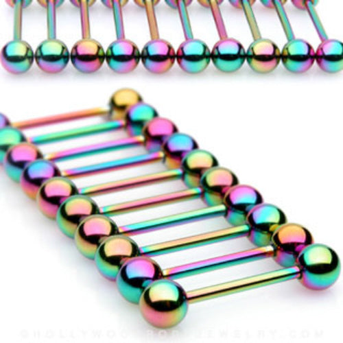 PAIR Rainbow Titanium Nipple Barbells or Tongue Rings 14g - choose your length