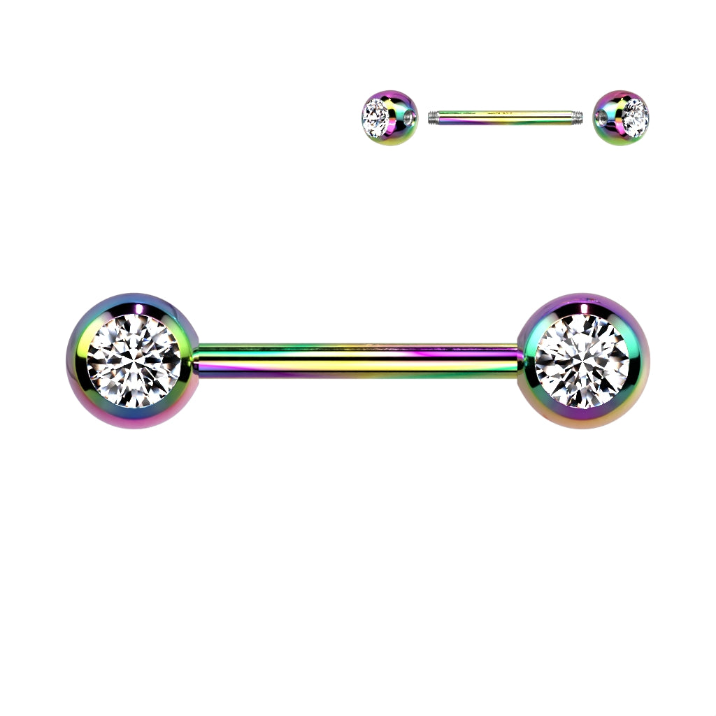 PAIR Titanium Anodized Double Clear Gem Nipple Rings Barbells 14g 14 gauge