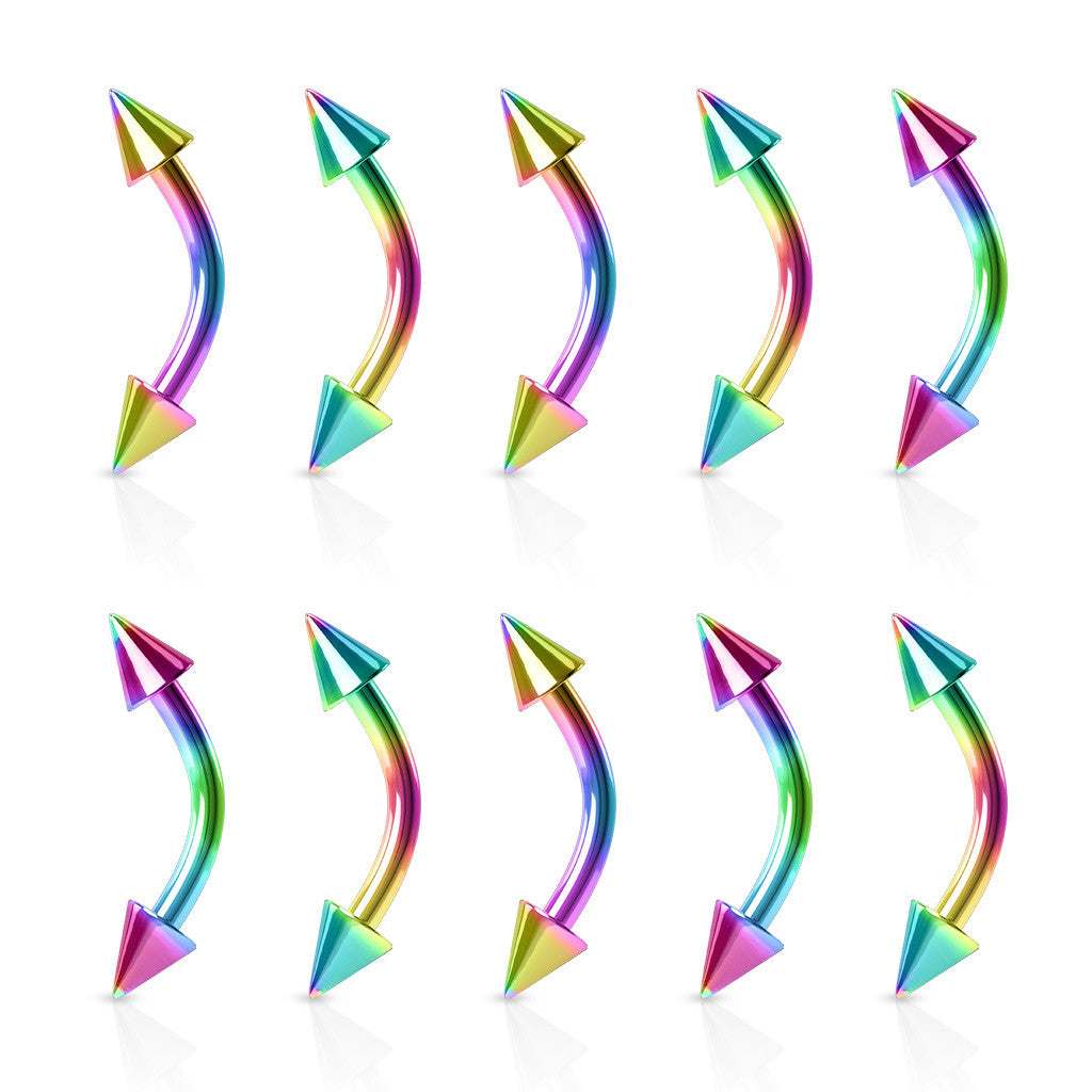 10pcs 16g Rainbow Titanium IP Steel Spiked Eyebrow Rings