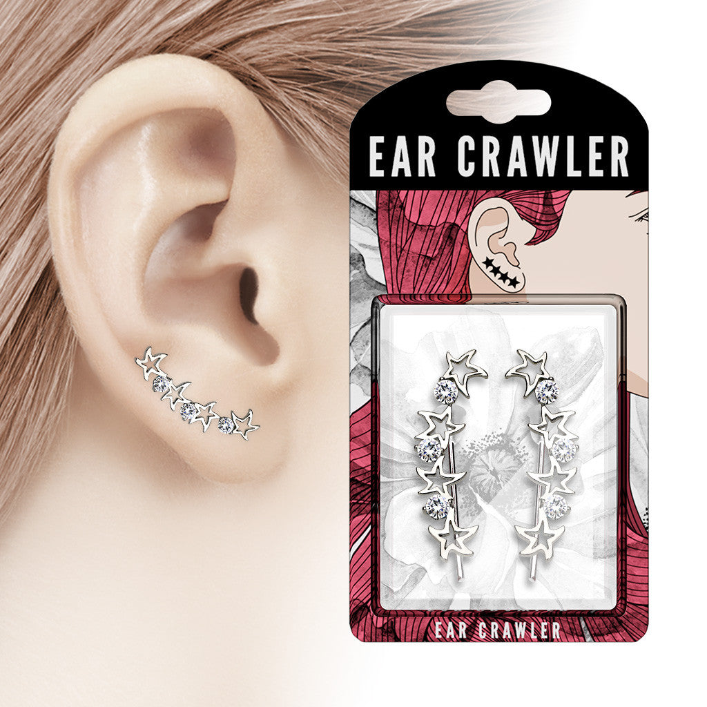 Ear Crawler Earrings Retail Peg Pack - CZ Hollow Stars