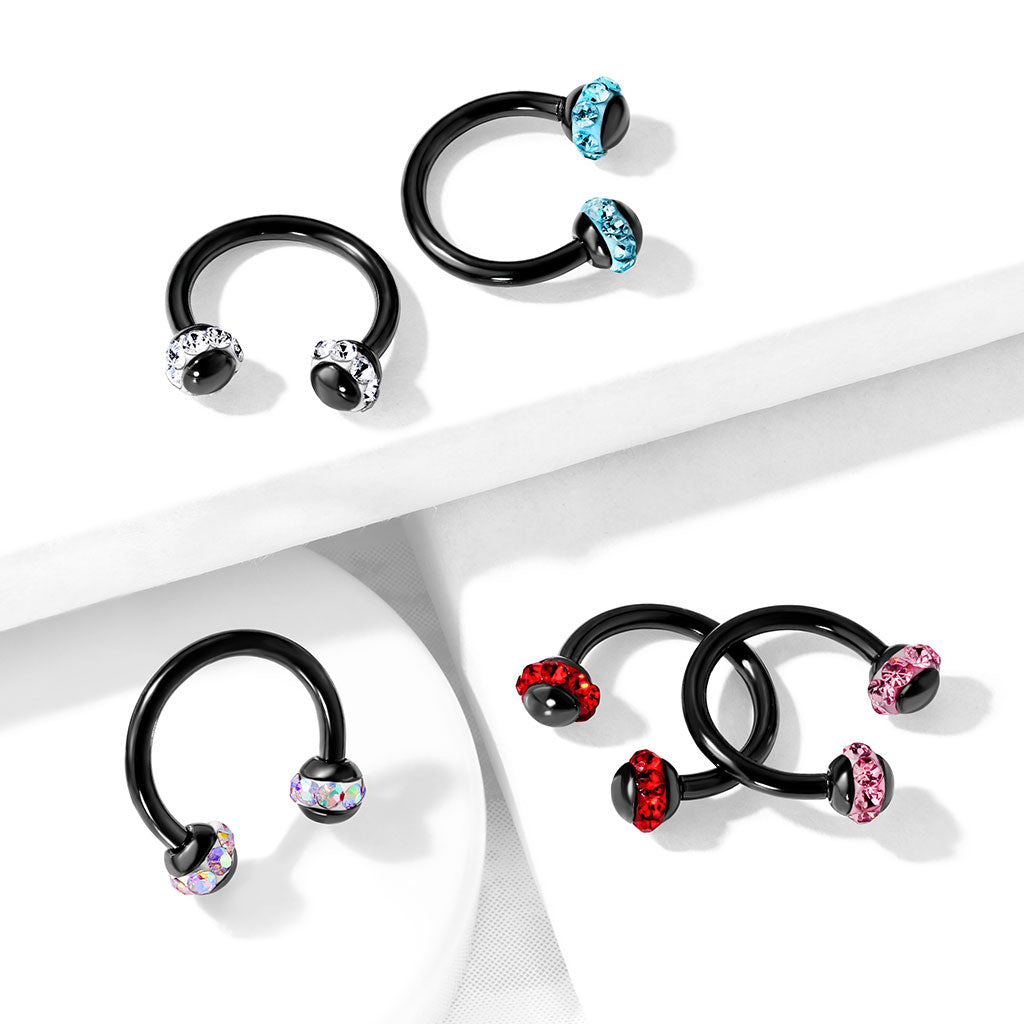 1pc Crystal Paved Black Circular Barbell Horseshoe Lip Nipple Septum Ring 16g