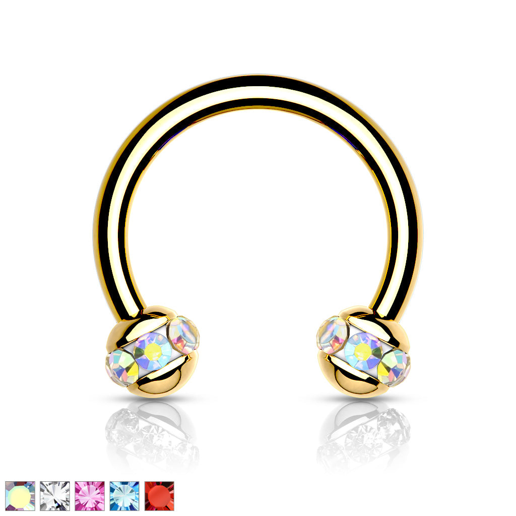 1pc Crystal Paved Gold Circular Barbell Horseshoe Lip Nipple Septum Ring 16g