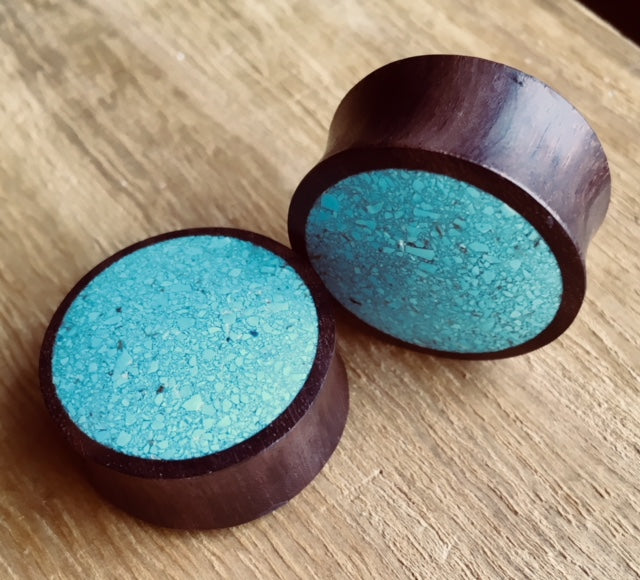 PAIR Crushed Turquoise Inlaid Wood Saddle Plugs
