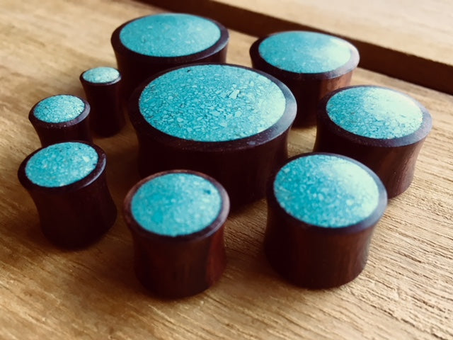 PAIR Crushed Turquoise Inlaid Wood Saddle Plugs