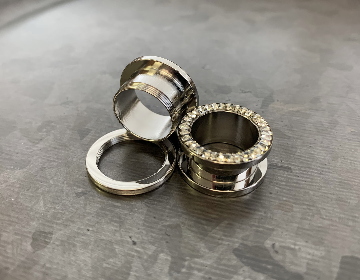 PAIR Epoxy over CZ Gem Rim Tunnels Plugs 316L Surgical Steel Screw Fit Gauges