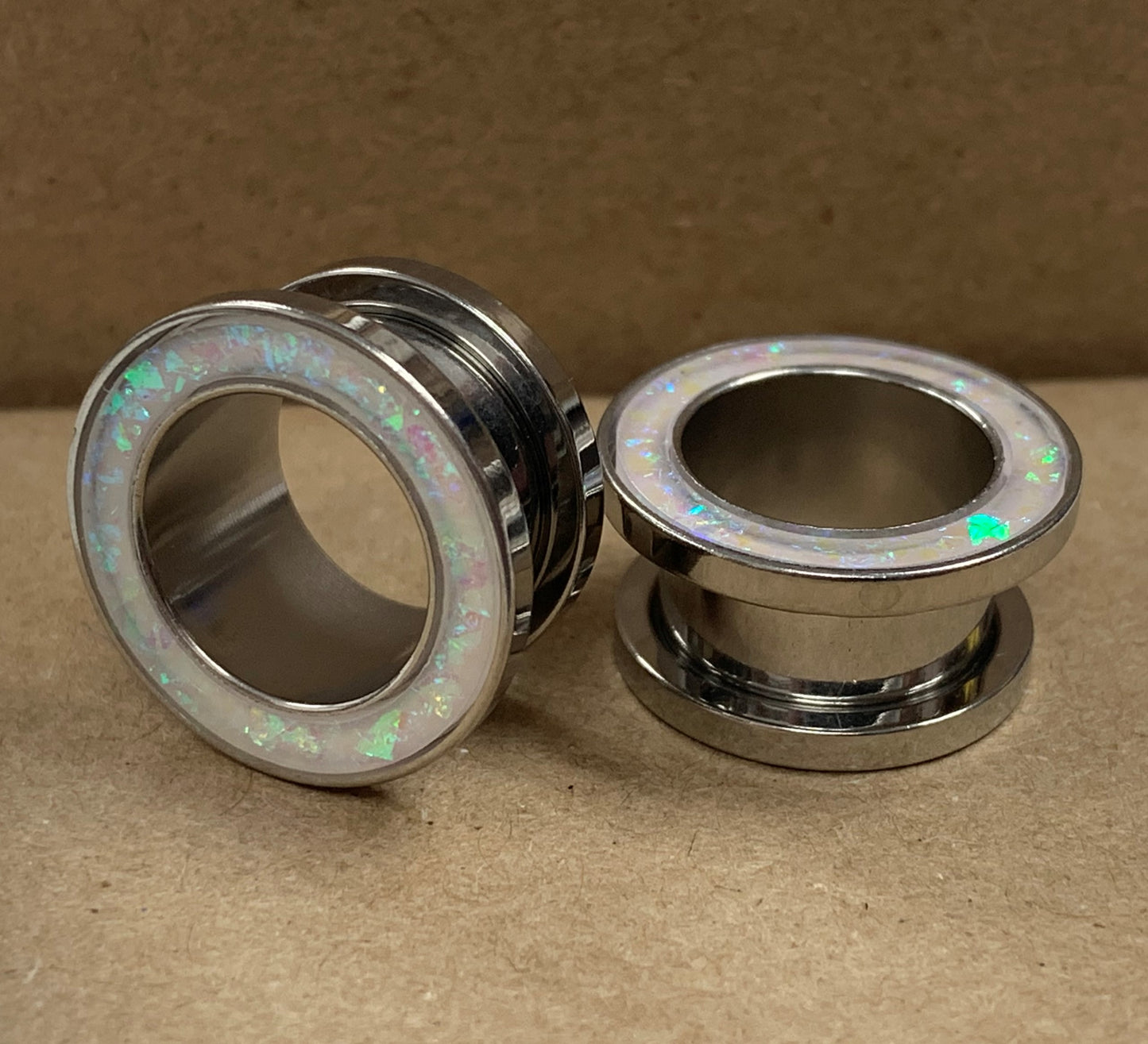 PAIR White Opal Glitter Rim Screw Fit Tunnels Ear Plugs Earlet Rimmed Gauges