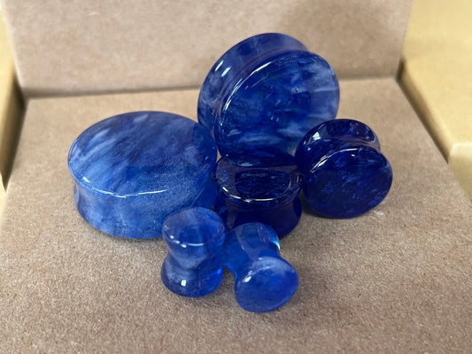 PAIR Vibrant Capri Blue Style Glass Double Flare Plugs Body Jewelry