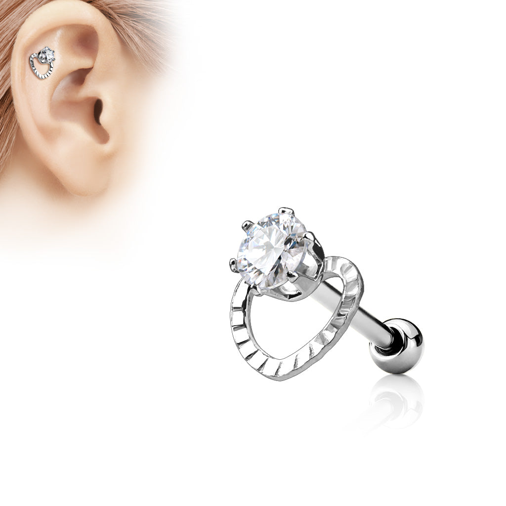 1pc CZ Hollow Heart Surgical Steel Helix Tragus Cartilage Barbell Stud Earring