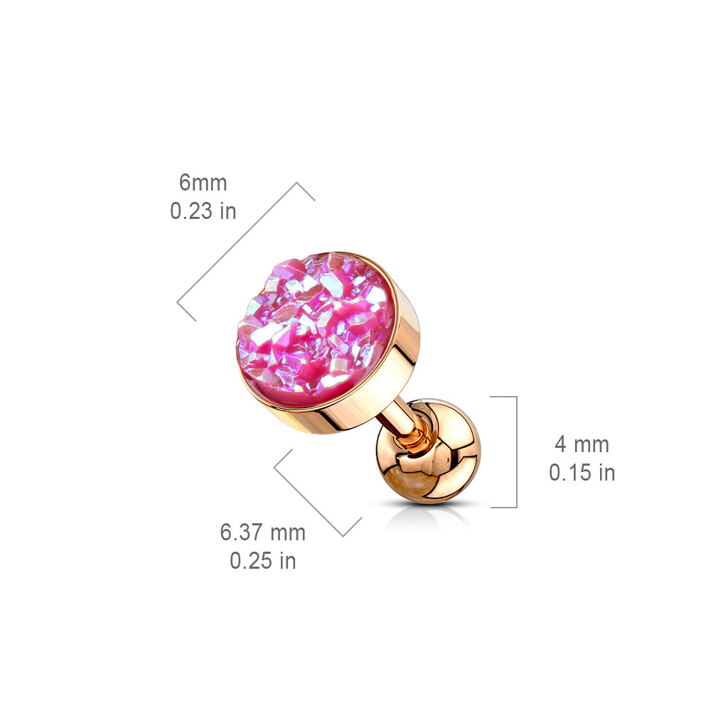 1pc Druzy Stone Flat Top Rose Gold Tragus Ring 16g 1/4"