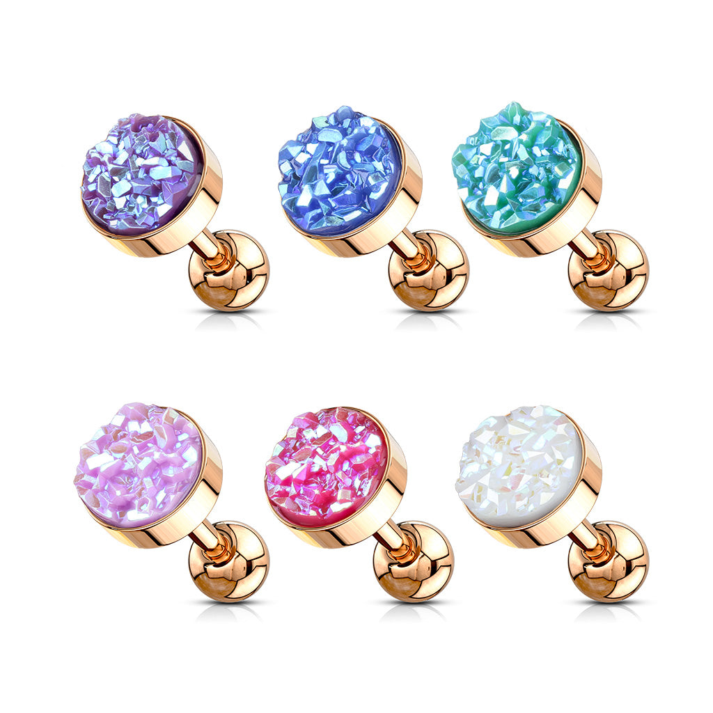1pc Druzy Stone Flat Top Rose Gold Tragus Ring 16g 1/4"