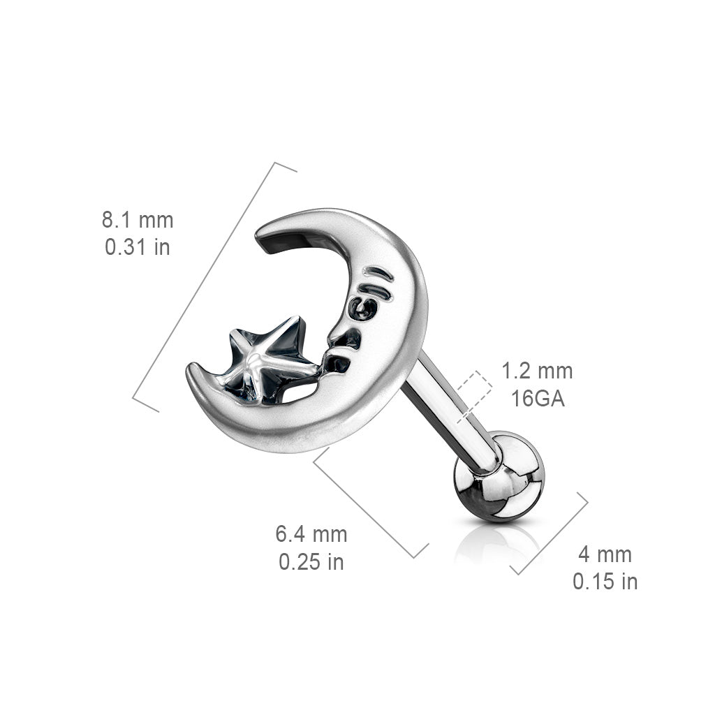 Antique Silver Moon & Star Tragus Cartilage Ring