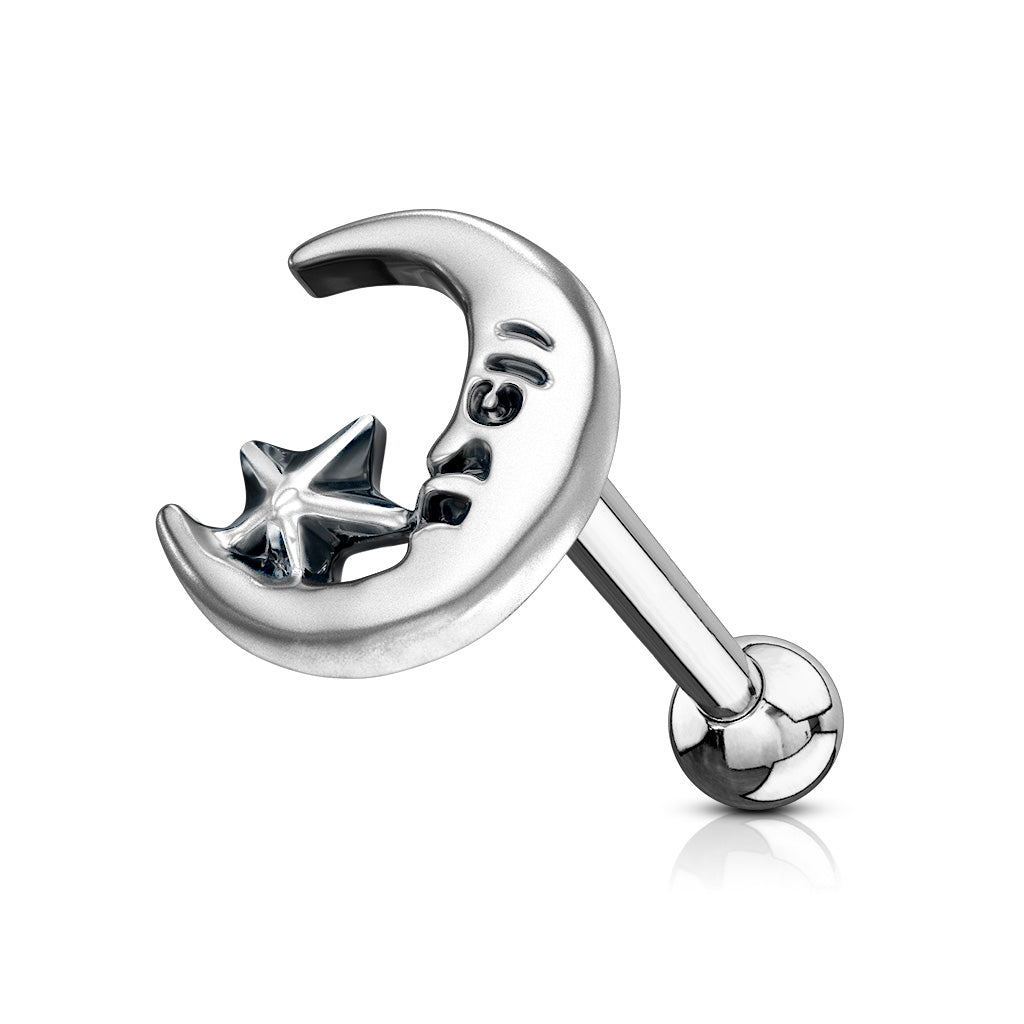 Antique Silver Moon & Star Tragus Cartilage Ring