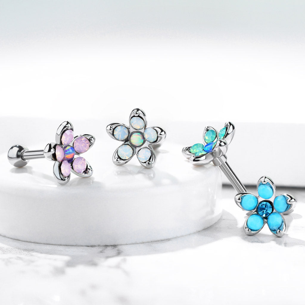 1pc Opalite & Opal Flower Surgical Steel Tragus Cartilage Barbell Ring