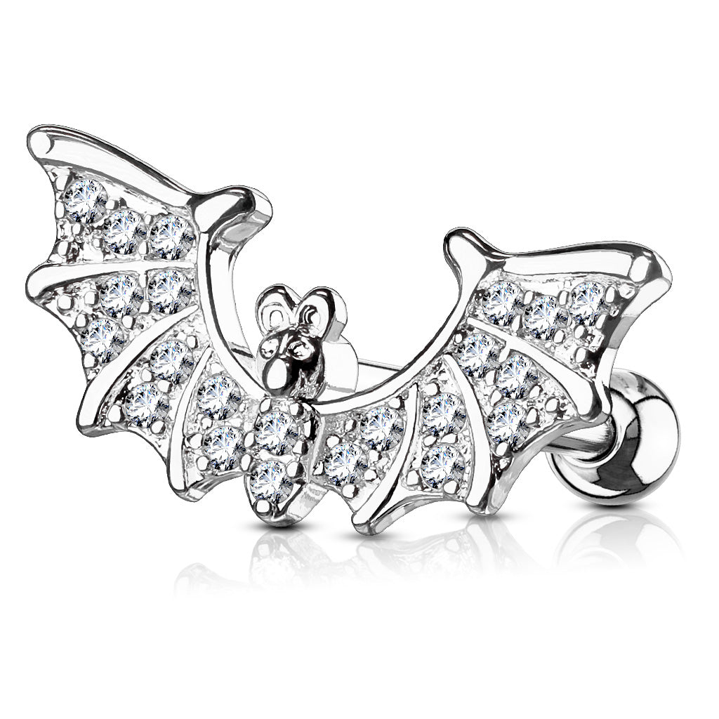 1pc CZ Gem Paved Bat Wings Surgical Steel Tragus Cartilage Barbell Ring