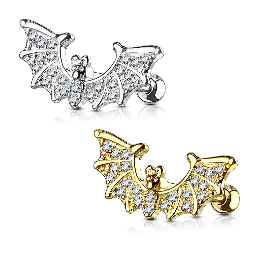 1pc CZ Gem Paved Bat Wings Surgical Steel Tragus Cartilage Barbell Ring